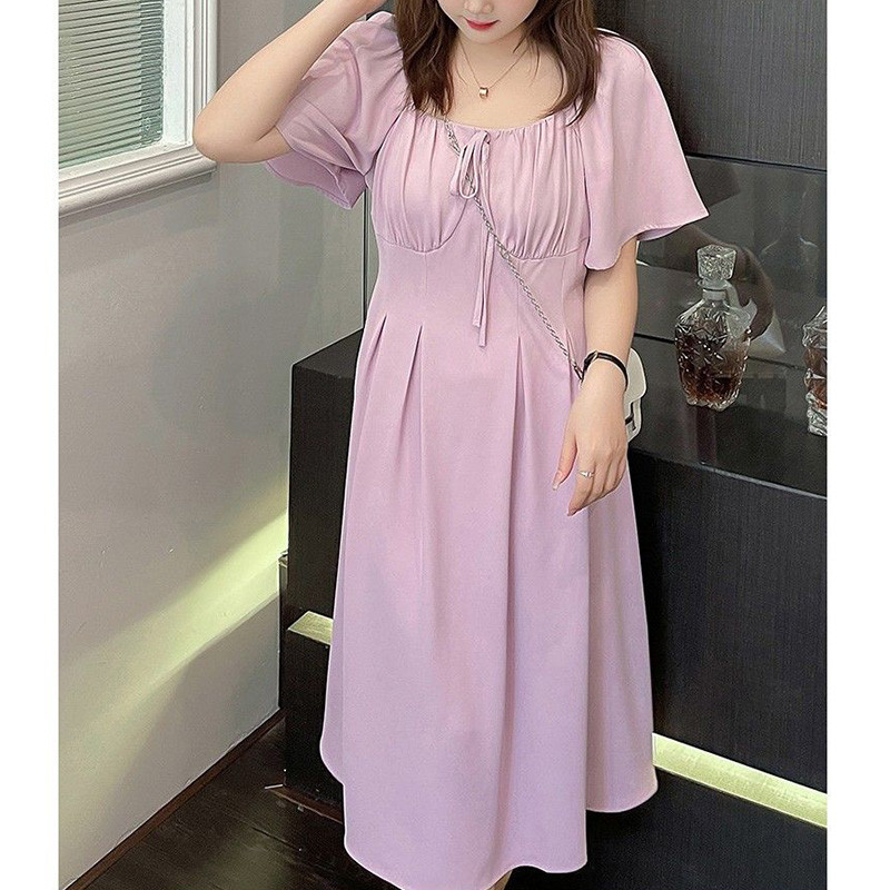 Vienkāršības kvadrātveida apkakles pulovers Sieviešu korejiešu kroku mežģīņu vasaras drēbes purpursarkanas īsām piedurknēm lielizmēra Midi A līnijas kleitas