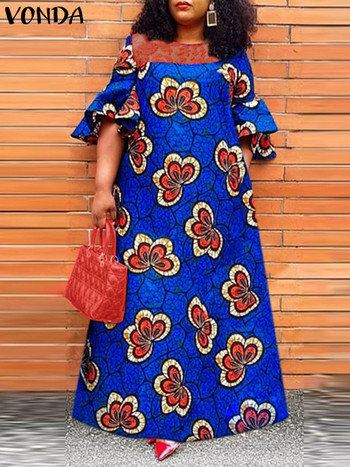 Plus Size 5XL VONDA Bohemian Ruffled φόρεμα 2023 Καλοκαίρι Γυναικείο Flare μανίκι δαντέλα συνονθύλευμα Floral εμπριμέ Maxi Robe Beach Vestidos