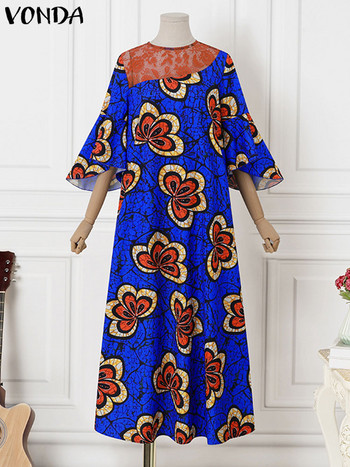 Plus Size 5XL VONDA Bohemian Ruffled φόρεμα 2023 Καλοκαίρι Γυναικείο Flare μανίκι δαντέλα συνονθύλευμα Floral εμπριμέ Maxi Robe Beach Vestidos