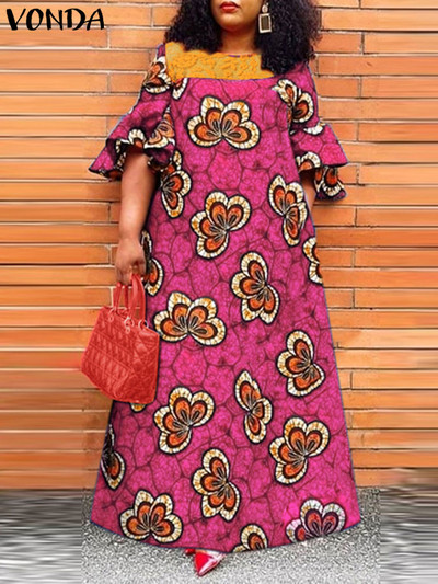 Liela izmēra 5XL VONDA bohēmiska volānveida kleita 2023. gada vasaras sievietēm, ar piedurknēm, mežģīņu savārstījums ar ziedu apdruku Maxi Robe Beach Vestidos