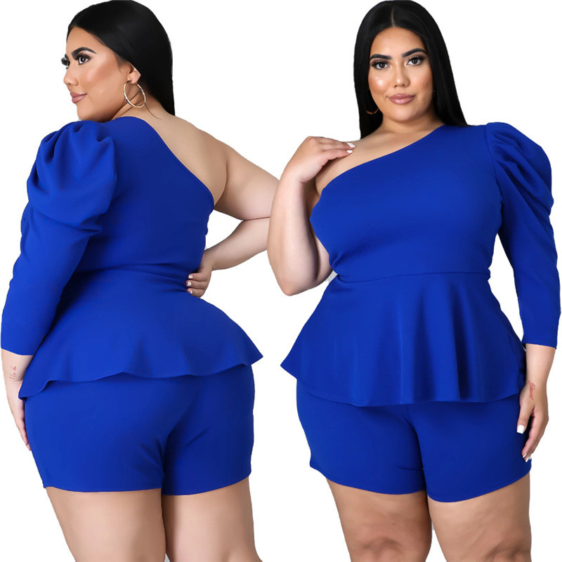 Liela izmēra sieviešu apģērbi Dropshipping Seksīgi tērpi Topi ar garām piedurknēm un šorti 2 dab. Liela izmēra komplekti Vairumtirdzniecība