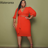 Waterarea Plus Size solid γυναικεία σετ Casual V-λαιμόκοψη Τρία τέταρτα Ζώνη Btop&midi Σετ φούστας OL Bodycon Σετ δύο τεμαχίων Φθινοπωρινό