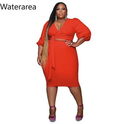 Waterarea Plus Size solid γυναικεία σετ Casual V-λαιμόκοψη Τρία τέταρτα Ζώνη Btop&midi Σετ φούστας OL Bodycon Σετ δύο τεμαχίων Φθινοπωρινό