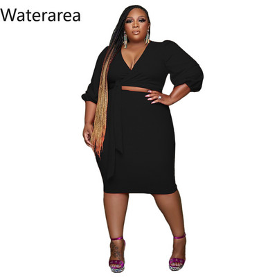 Waterarea Plus Size solid γυναικεία σετ Casual V-λαιμόκοψη Τρία τέταρτα Ζώνη Btop&midi Σετ φούστας OL Bodycon Σετ δύο τεμαχίων Φθινοπωρινό