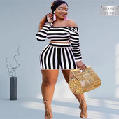 Δύο κομμάτια γυναικεία σετ συν μεγέθους ριγέ μακρυμάνικο μπλουζάκι και σορτς μακριά από τους ώμους Φθινοπωρινά ρούχα Χονδρική Dropshipping