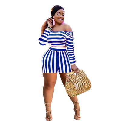 Δύο κομμάτια γυναικεία σετ συν μεγέθους ριγέ μακρυμάνικο μπλουζάκι και σορτς μακριά από τους ώμους Φθινοπωρινά ρούχα Χονδρική Dropshipping