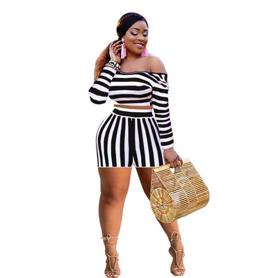 Δύο κομμάτια γυναικεία σετ συν μεγέθους ριγέ μακρυμάνικο μπλουζάκι και σορτς μακριά από τους ώμους Φθινοπωρινά ρούχα Χονδρική Dropshipping