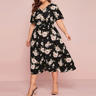 Καλοκαιρινά γυναικεία ρούχα σε μεγάλο μέγεθος Νέα μόδα του δρόμου με λαιμόκοψη V-λαιμόκοψη με λουλούδια με κοντό μανίκι φόρεμα μίντι σιφόν