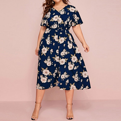 Καλοκαιρινά γυναικεία ρούχα σε μεγάλο μέγεθος Νέα μόδα του δρόμου με λαιμόκοψη V-λαιμόκοψη με λουλούδια με κοντό μανίκι φόρεμα μίντι σιφόν