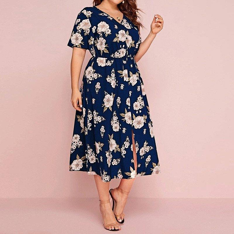Καλοκαιρινά γυναικεία ρούχα σε μεγάλο μέγεθος Νέα μόδα του δρόμου με λαιμόκοψη V-λαιμόκοψη με λουλούδια με κοντό μανίκι φόρεμα μίντι σιφόν