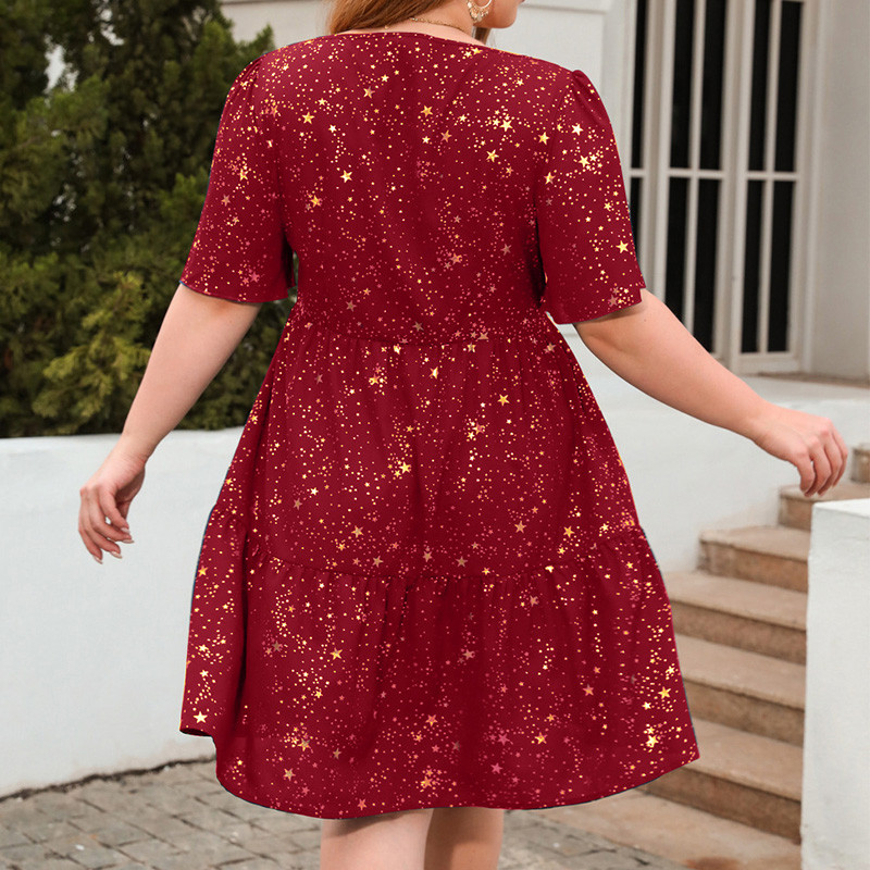 Női csillag aranyozott nyomtatású rövid ujjú nyári nagy méretű, négyzet alakú galléros pulóver, laza estélyi parti elegáns térdig érő ruhák