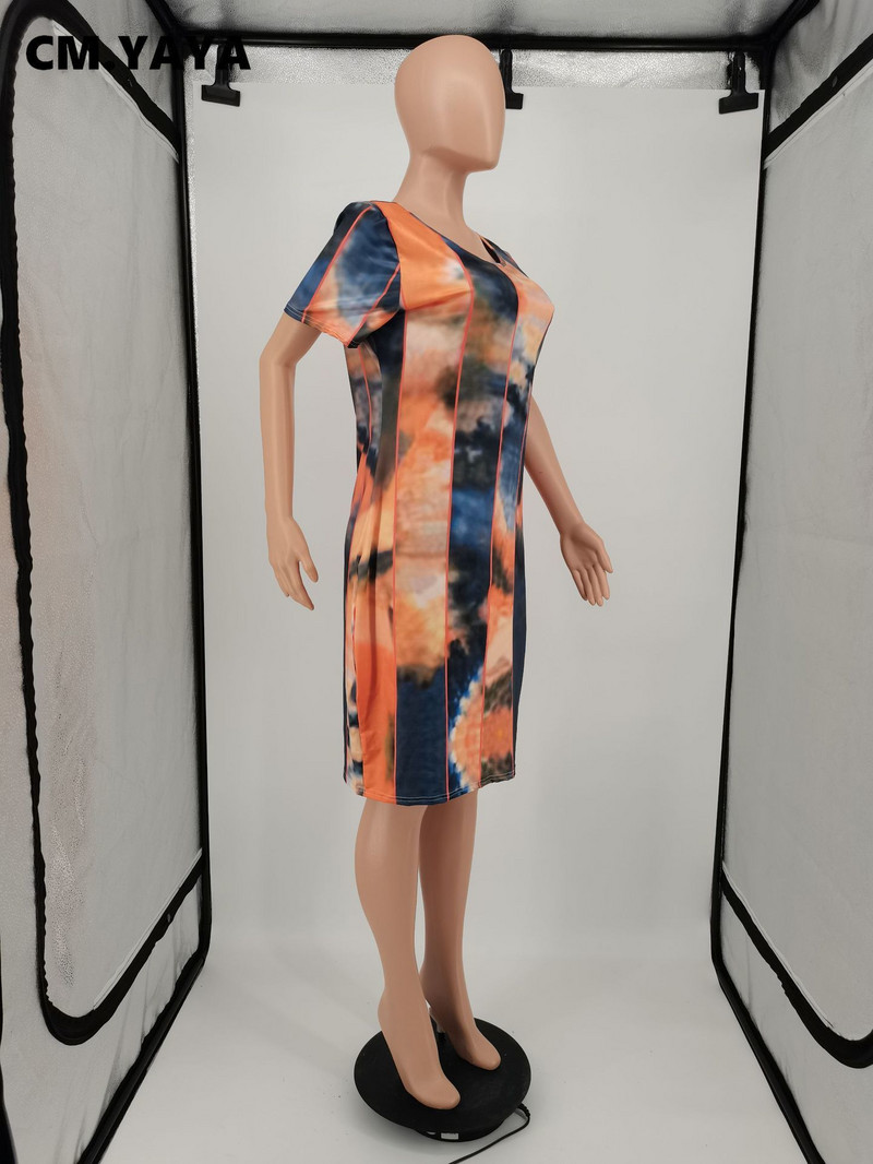 CM.YAYA sieviešu lielizmēra kleita, kaklasaite ar apdruku ar īsām piedurknēm ar o-veida kakla izgriezumu Bodycon zīmuļu kleitas High Street Wear Fashion Vestidos Summer