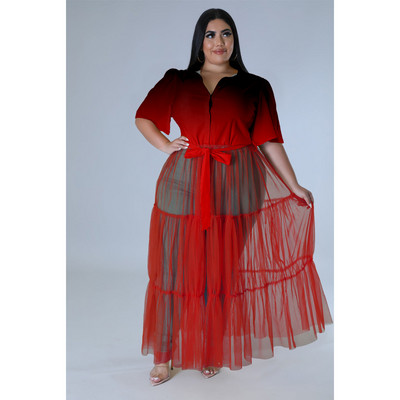 CM.YAYA Nagy méretű női hálós patchwork rövid ujjú, egysoros, lehajtható gallér, szárnyas ingstílusú maxi ruha Vestidos