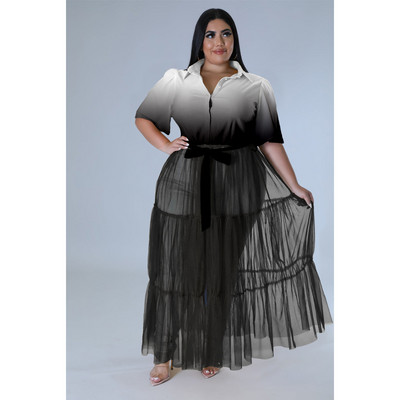 CM.YAYA Nagy méretű női hálós patchwork rövid ujjú, egysoros, lehajtható gallér, szárnyas ingstílusú maxi ruha Vestidos