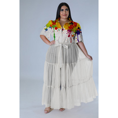 CM.YAYA Nagy méretű női hálós patchwork rövid ujjú, egysoros, lehajtható gallér, szárnyas ingstílusú maxi ruha Vestidos