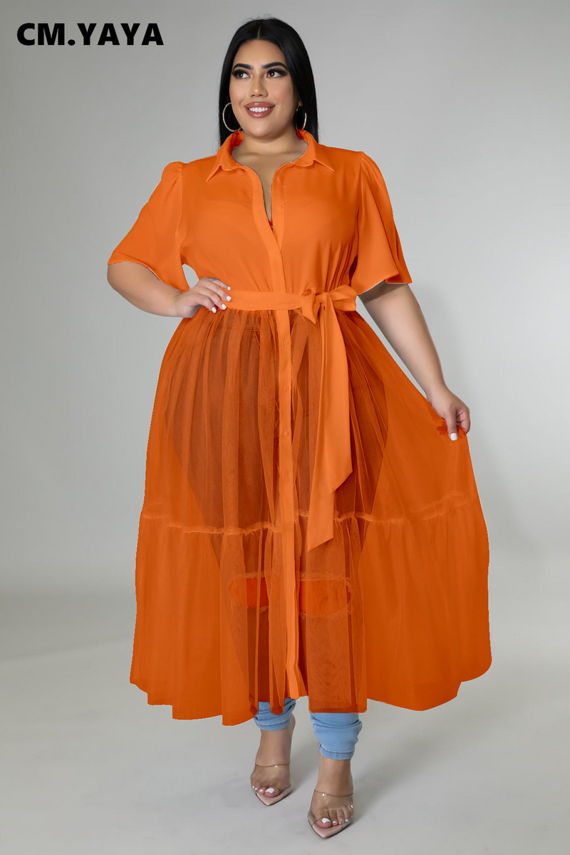 CM.YAYA Nagy méretű női hálós patchwork rövid ujjú, egysoros, lehajtható gallér, szárnyas ingstílusú maxi ruha Vestidos