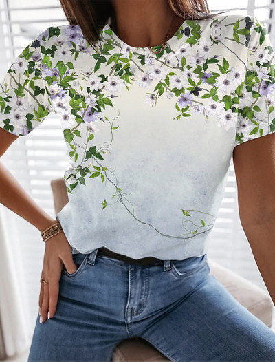 Naiste T-särk tüdrukutele Lilleprintimine Suvised O-kaelusega T-särgid Lühikeste varrukatega Mood vabaaja topid Naiste riided Tänavarõivad