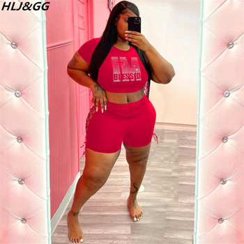 HLJ&GG Sexy Bodycon Diamond Σετ δύο τεμαχίων Plus Size Γυναικεία μπλούζα Crop+Bandage Κούφια σορτς Ρούχα Καλοκαιρινά Ρούχα 5XL