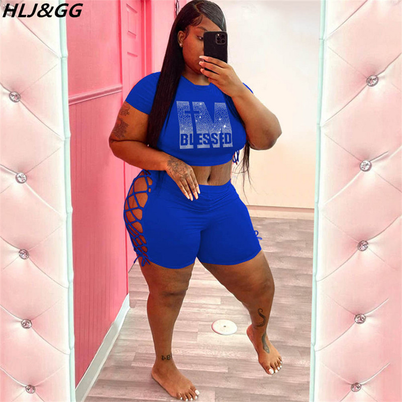 HLJ&GG Sexy Bodycon Diamond Divdaļīgie Komplekti Liela izmēra Sieviešu Crop Top+Bandage Dobi Šorti Tērpi Vasaras Liela Izmēra Apģērbi 5XL