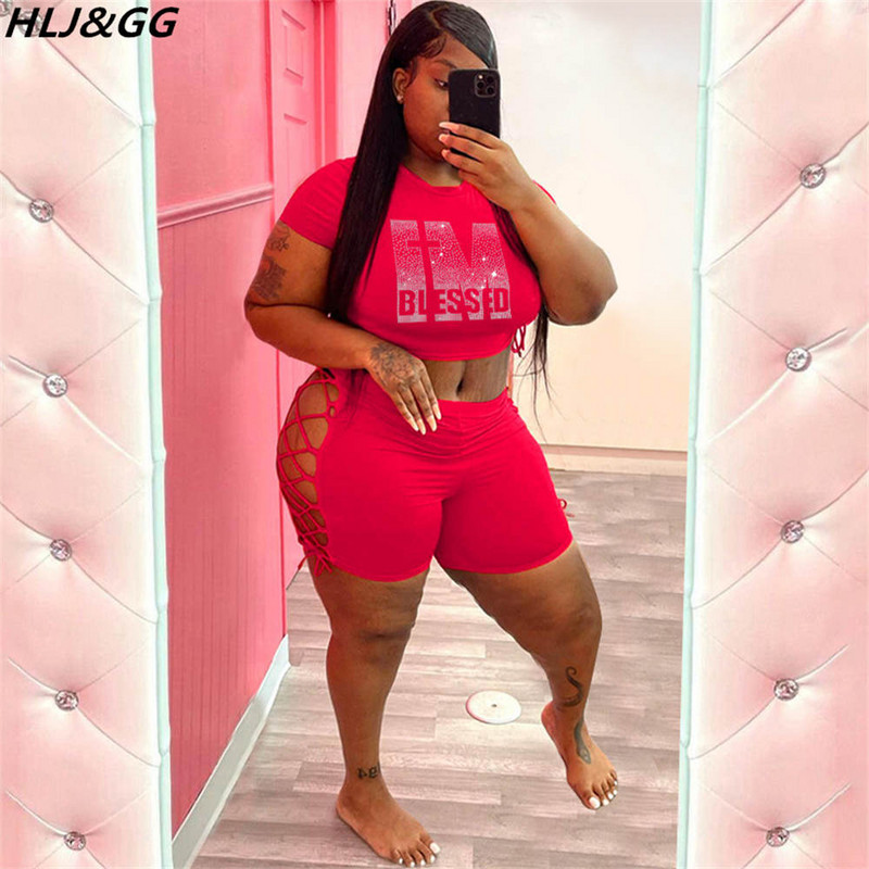 HLJ&GG Sexy Bodycon Diamond Divdaļīgie Komplekti Liela izmēra Sieviešu Crop Top+Bandage Dobi Šorti Tērpi Vasaras Liela Izmēra Apģērbi 5XL