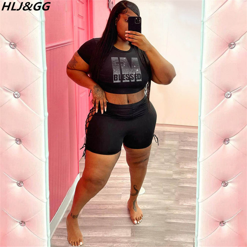 HLJ&GG Sexy Bodycon Diamond Divdaļīgie Komplekti Liela izmēra Sieviešu Crop Top+Bandage Dobi Šorti Tērpi Vasaras Liela Izmēra Apģērbi 5XL