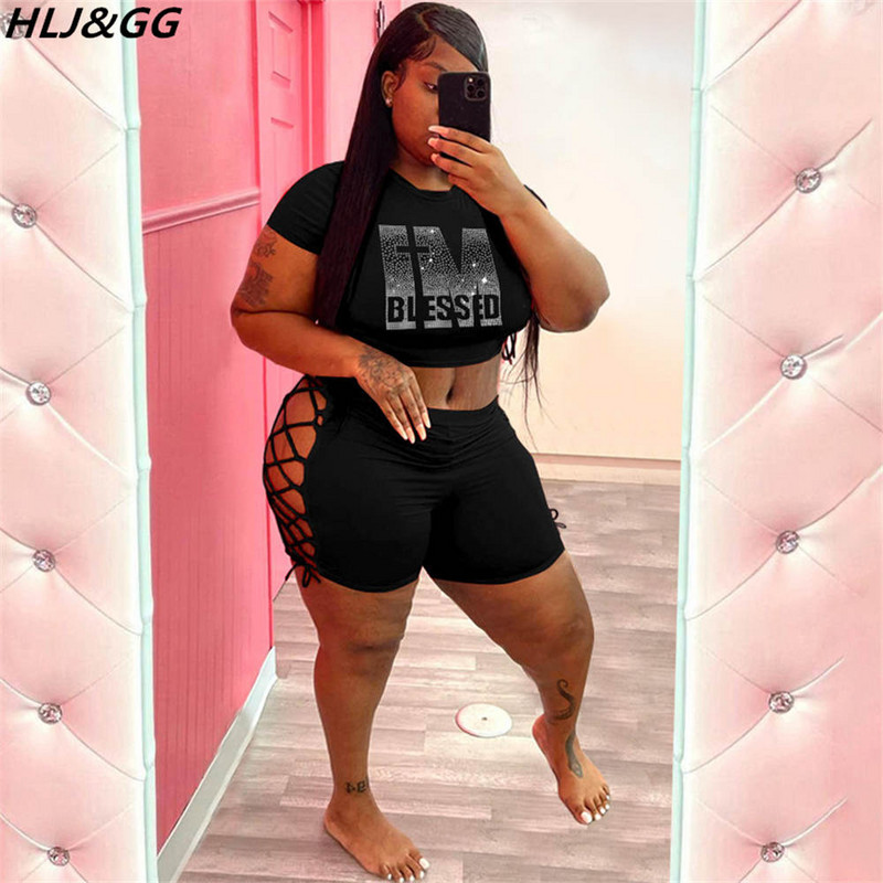 HLJ&GG Sexy Bodycon Diamond Divdaļīgie Komplekti Liela izmēra Sieviešu Crop Top+Bandage Dobi Šorti Tērpi Vasaras Liela Izmēra Apģērbi 5XL