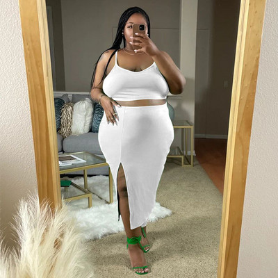 CM.YAYA Liela izmēra modes sieviešu komplekts ar siksniņu, augšpusi un sāniem, Bodycon Midi svārki, 2023. gada vasaras seksīgi divi 2 daļīgie komplekti