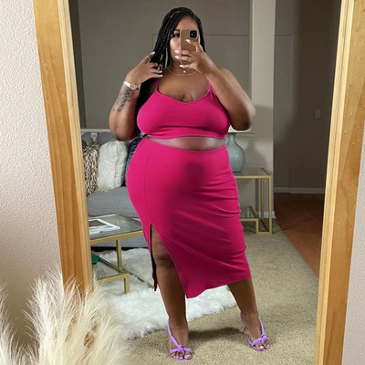 CM.YAYA Liela izmēra modes sieviešu komplekts ar siksniņu, augšpusi un sāniem, Bodycon Midi svārki, 2023. gada vasaras seksīgi divi 2 daļīgie komplekti