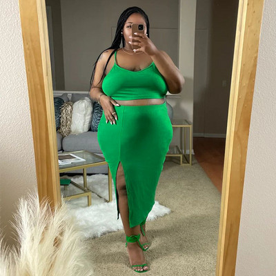 CM.YAYA Liela izmēra modes sieviešu komplekts ar siksniņu, augšpusi un sāniem, Bodycon Midi svārki, 2023. gada vasaras seksīgi divi 2 daļīgie komplekti