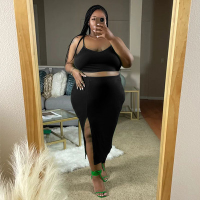 CM.YAYA Liela izmēra modes sieviešu komplekts ar siksniņu, augšpusi un sāniem, Bodycon Midi svārki, 2023. gada vasaras seksīgi divi 2 daļīgie komplekti