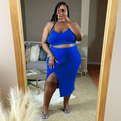 CM.YAYA Liela izmēra modes sieviešu komplekts ar siksniņu, augšpusi un sāniem, Bodycon Midi svārki, 2023. gada vasaras seksīgi divi 2 daļīgie komplekti