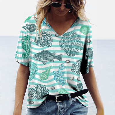 Vasaras Conch Sharks 3D Print Dzīvnieku T-krekli Sieviešu Ielu apģērbi V veida kakla T krekls Y2k Harajuku Lielizmēra Topi T-krekli Sieviešu apģērbi