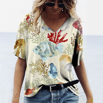 Vasaras Conch Sharks 3D Print Dzīvnieku T-krekli Sieviešu Ielu apģērbi V veida kakla T krekls Y2k Harajuku Lielizmēra Topi T-krekli Sieviešu apģērbi