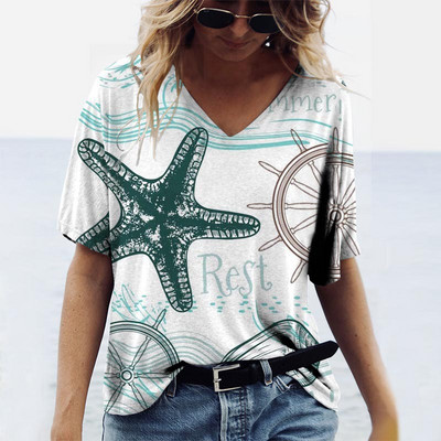 Vasaras Conch Sharks 3D Print Dzīvnieku T-krekli Sieviešu Ielu apģērbi V veida kakla T krekls Y2k Harajuku Lielizmēra Topi T-krekli Sieviešu apģērbi