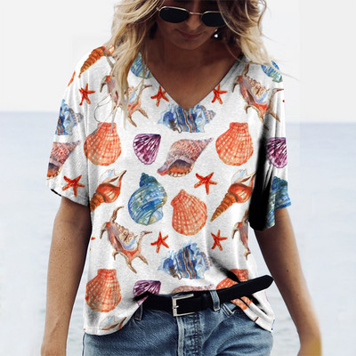 Vasaras Conch Sharks 3D Print Dzīvnieku T-krekli Sieviešu Ielu apģērbi V veida kakla T krekls Y2k Harajuku Lielizmēra Topi T-krekli Sieviešu apģērbi