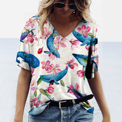 Vasaras Conch Sharks 3D Print Dzīvnieku T-krekli Sieviešu Ielu apģērbi V veida kakla T krekls Y2k Harajuku Lielizmēra Topi T-krekli Sieviešu apģērbi