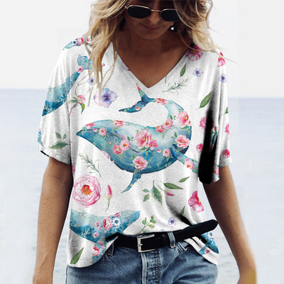 Vasaras Conch Sharks 3D Print Dzīvnieku T-krekli Sieviešu Ielu apģērbi V veida kakla T krekls Y2k Harajuku Lielizmēra Topi T-krekli Sieviešu apģērbi