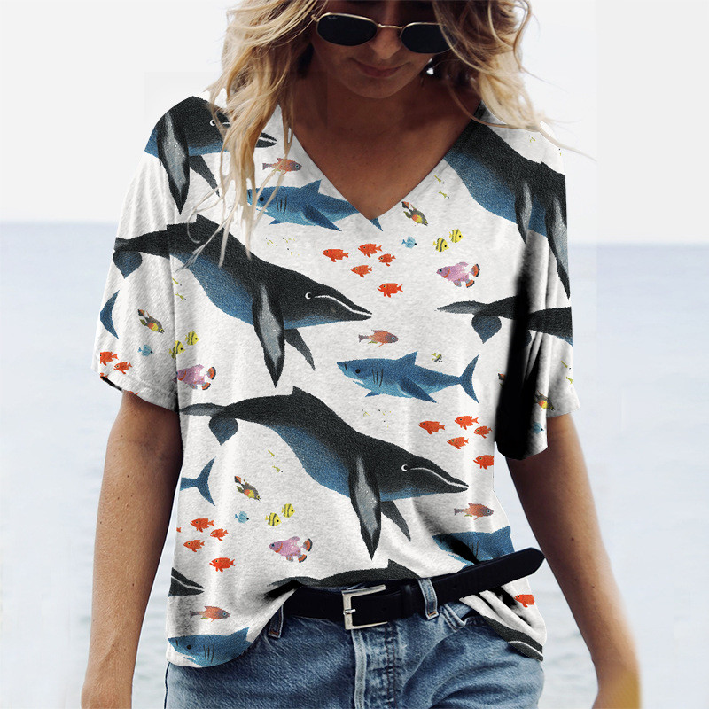 Vasaras Conch Sharks 3D Print Dzīvnieku T-krekli Sieviešu Ielu apģērbi V veida kakla T krekls Y2k Harajuku Lielizmēra Topi T-krekli Sieviešu apģērbi
