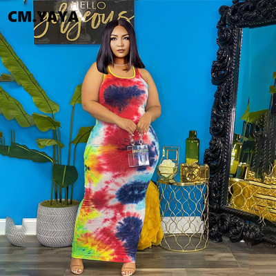 CM.YAYA Rochie de mărime mare pentru femei Tie Dye Fără mâneci Decolteu O elastic Bodycon Rochii lungi Maxi Moda Casual Rochii Tinuta de vara