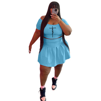 2023 Summer Plus Size Size Γυναικεία φούστα Causal Δύο τεμάχια Σετ Μόδα Letter Print Slash λαιμόκοψη κοντό μανίκι πιέτες Μίνι φούστα