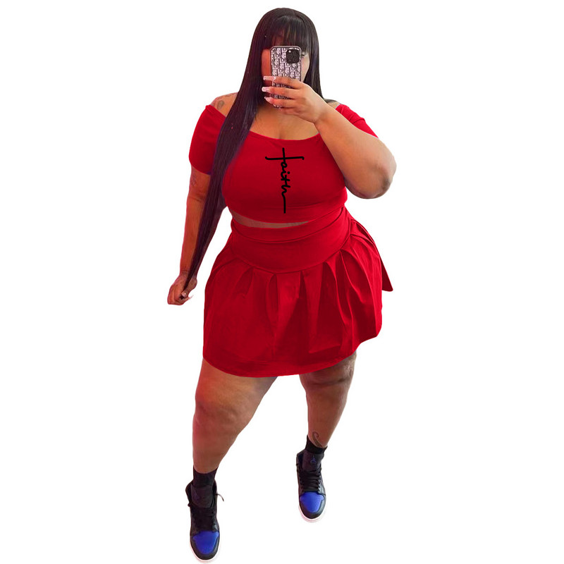 2023 Summer Plus Size Size Γυναικεία φούστα Causal Δύο τεμάχια Σετ Μόδα Letter Print Slash λαιμόκοψη κοντό μανίκι πιέτες Μίνι φούστα