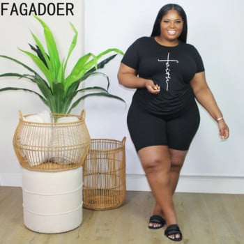 FAGADOER Casual Solid Plus Size Two Piece Σετ XL-5XL Γυναικεία στάμπα με στρογγυλή λαιμόκοψη + Biker σορτς Γυναικεία αθλητική φόρμα 2 τεμ.