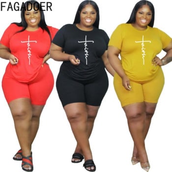 FAGADOER Casual Solid Plus Size Two Piece Σετ XL-5XL Γυναικεία στάμπα με στρογγυλή λαιμόκοψη + Biker σορτς Γυναικεία αθλητική φόρμα 2 τεμ.