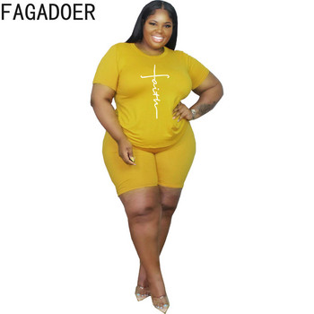 FAGADOER Casual Solid Plus Size Two Piece Σετ XL-5XL Γυναικεία στάμπα με στρογγυλή λαιμόκοψη + Biker σορτς Γυναικεία αθλητική φόρμα 2 τεμ.