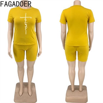 FAGADOER Casual Solid Plus Size Two Piece Σετ XL-5XL Γυναικεία στάμπα με στρογγυλή λαιμόκοψη + Biker σορτς Γυναικεία αθλητική φόρμα 2 τεμ.