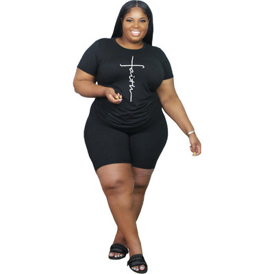 FAGADOER Casual Solid Lielizmēra Divdaļīgs Komplekts XL-5XL Sieviešu apaļa kakla apdrukas tops + Bikeršorti Treniņtērps Sieviešu sporta 2gab Kostīmi