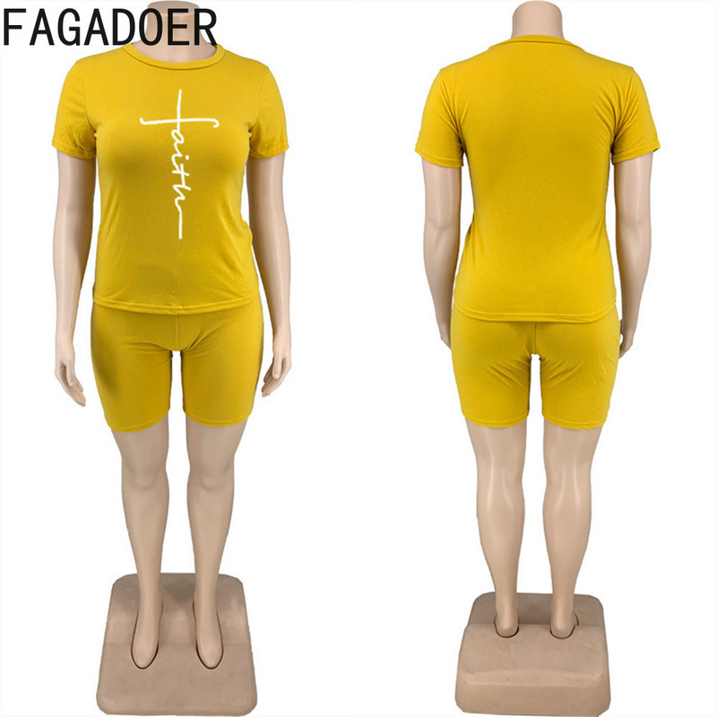 FAGADOER Casual Solid Lielizmēra Divdaļīgs Komplekts XL-5XL Sieviešu apaļa kakla apdrukas tops + Bikeršorti Treniņtērps Sieviešu sporta 2gab Kostīmi