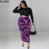 HLJ&GG Liela izmēra sieviešu divdaļīgie komplekti XL-5XL gadījuma rakstura garajām piedurknēm, apgriezti un šauri svārki, kostīmi, eleganti sieviešu apģērbi