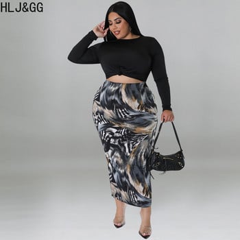 HLJ&GG Plus Size Γυναικεία σετ δύο τεμαχίων XL-5XL Casual μακρυμάνικο μπλουζάκι και κοκαλιάρικες φούστες με στάμπα Κομψά γυναικεία ρούχα