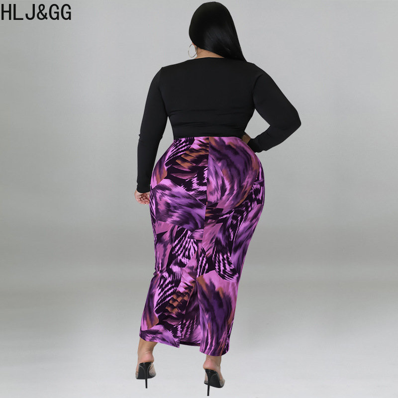 HLJ&GG Liela izmēra sieviešu divdaļīgie komplekti XL-5XL gadījuma rakstura garajām piedurknēm, apgriezti un šauri svārki, kostīmi, eleganti sieviešu apģērbi